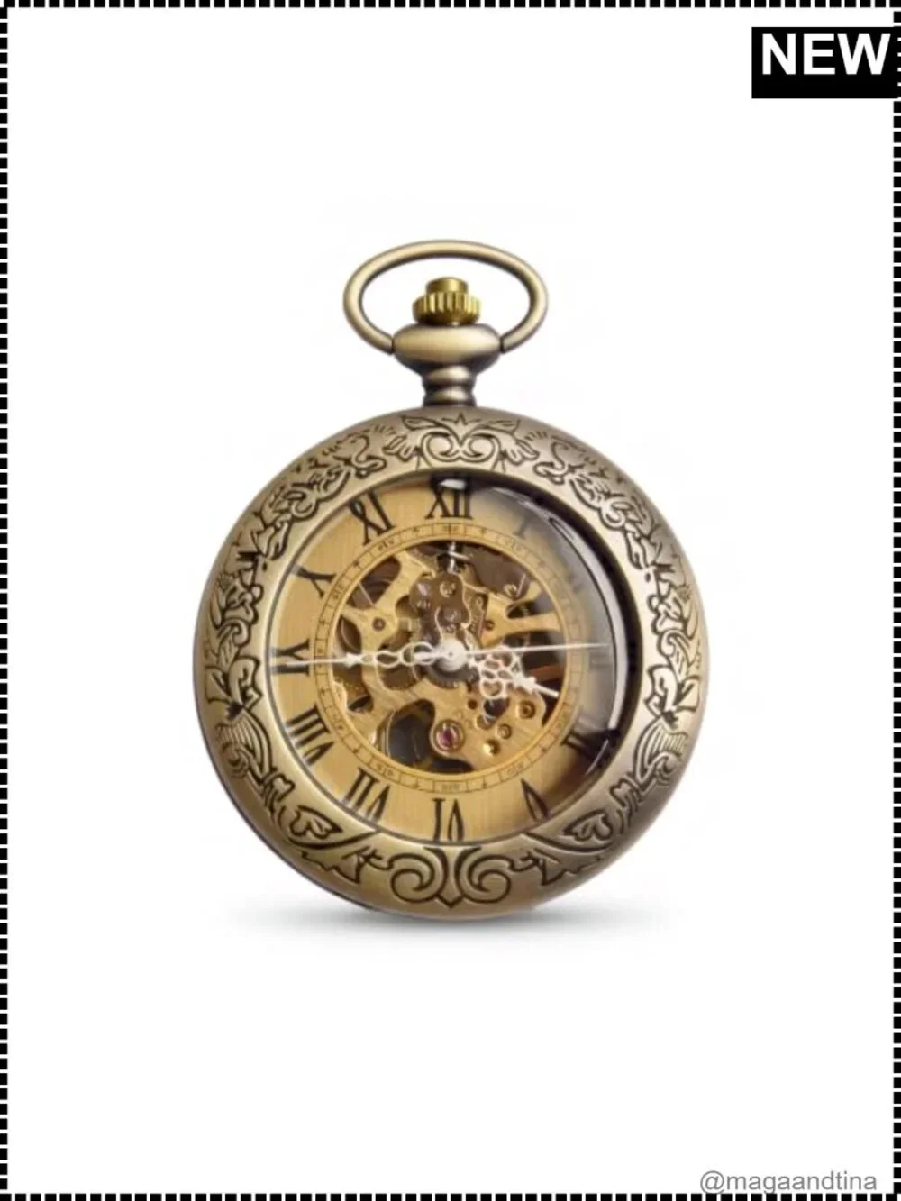 Hand-Wind Mechanical Pocket Watch with Chain Vintage Bronze 45mm